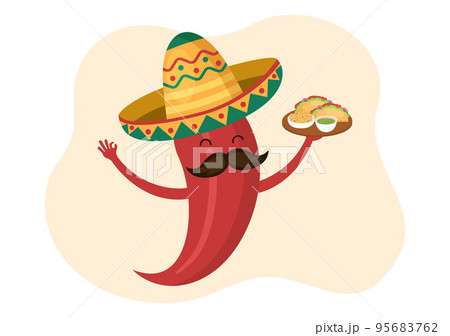 Mexican Food Restaurant with Various of Delicious Traditional Cuisine Tacos, Nachos and Other on Flat Cartoon Hand Drawn Templates Illustration 95683762