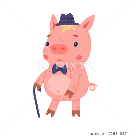 Funny Pink Piggy Character with Hoof Wearing Hat and Bow Tie Walking with Cane Vector Illustration Funny Pink Piggy Character with Hoof Wearing Hat and Bow Tie Walking with Cane Vector Illustration 95684057