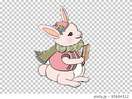 Color illustration of a rabbit in clothes looking at a mobile phone 95684322