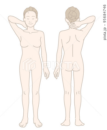 腕を挙げた裸の女性のシンプルな全身図（前面背面セット） 95684746