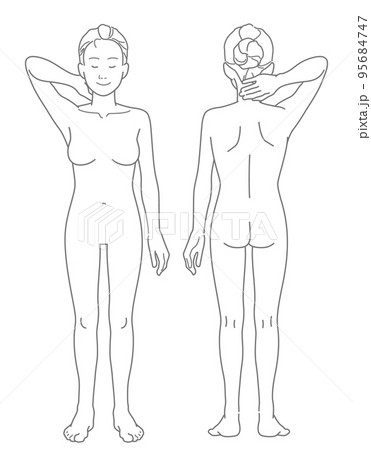 右手を挙げているヌードの女性の全身図（前面背面セット） 95684747