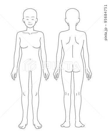 【頭髪なし】裸の女性の全身図（前面・背面セット） 95684751