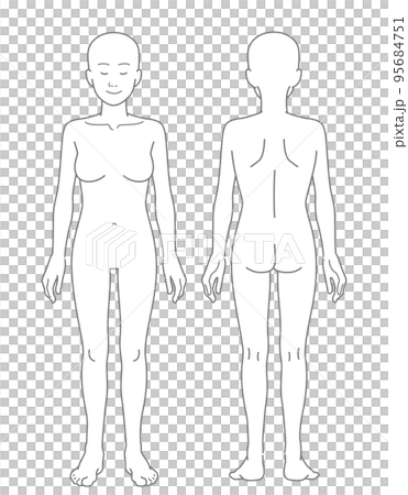 【頭髪なし】裸の女性の全身図（前面・背面セット） 95684751