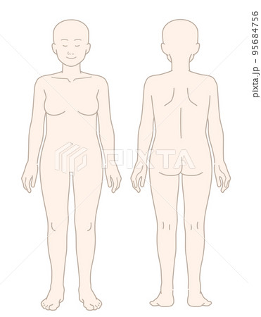【頭髪なし】太めの体型の女性の全身イラスト（前面・背面セット） 95684756