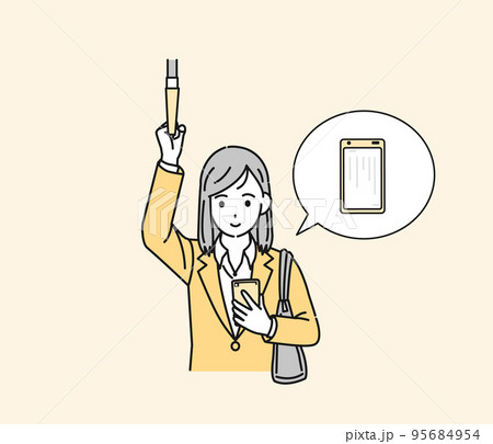 仕事の通勤中にスマートフォンで電子書籍を読む女性会社員のイラスト 95684954
