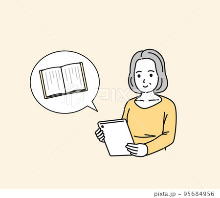 タブレットで電子書籍を読む中年の女性のイラスト タブレットで電子書籍を読む中年の女性のイラスト 95684956