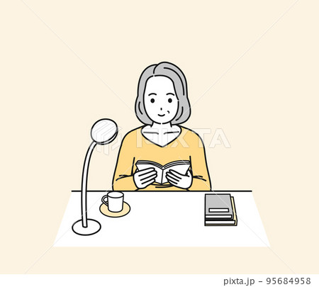 本を読む中年の女性のイラスト　読書と勉強 95684958