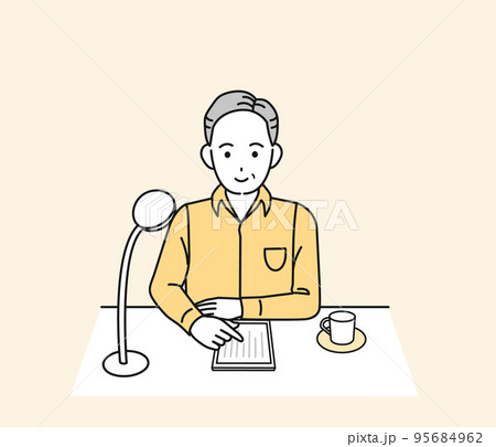 タブレットで電子書籍を読む中年の男性のイラスト 95684962