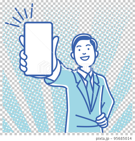 A young man in a suit holding a smartphone and explaining 95685014