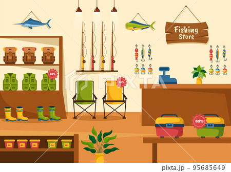 Fishing Shop Selling Various Fishery Equipment, Bait, Fish Catching Accessories or Items on Flat Cartoon Hand Drawn Templates Illustration Fishing Shop Selling Various Fishery Equipment, Bait, Fish Catching Accessories or Items on Flat Cartoon Hand Drawn Templates Illustration 95685649