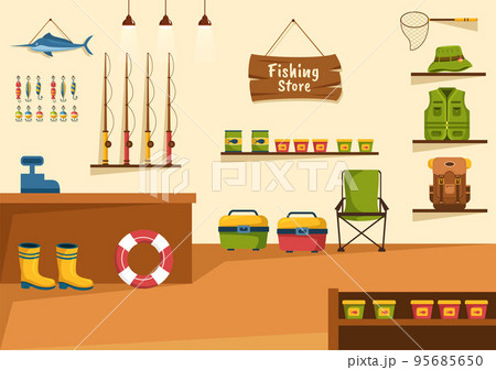 Fishing Shop Selling Various Fishery Equipment, Bait, Fish Catching Accessories or Items on Flat Cartoon Hand Drawn Templates Illustration 95685650