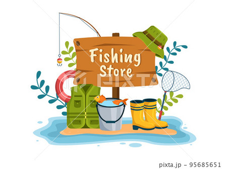 Fishing Shop Selling Various Fishery Equipment, Bait, Fish Catching Accessories or Items on Flat Cartoon Hand Drawn Templates Illustration Fishing Shop Selling Various Fishery Equipment, Bait, Fish Catching Accessories or Items on Flat Cartoon Hand Drawn Templates Illustration 95685651