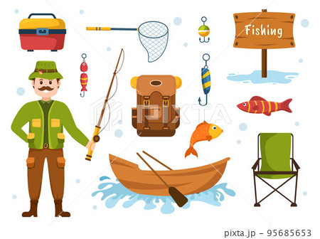 Fishing Shop Selling Various Fishery Equipment, Bait, Fish Catching Accessories or Items on Flat Cartoon Hand Drawn Templates Illustration 95685653