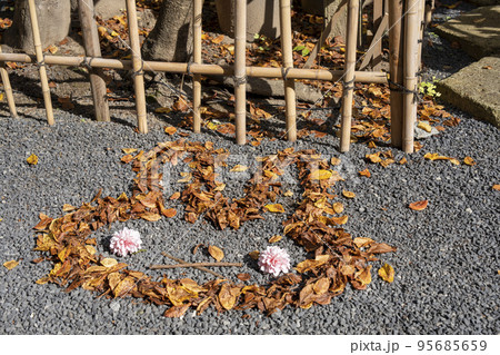 秋の熊野大社　落ち葉のお絵描き　うさぎ　山形県南陽市 95685659