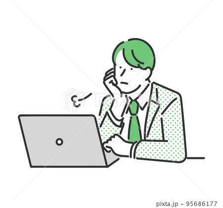 パソコンの前で頬杖をついてため息を吐く男性のビジネスパーソンのイラスト素材 95686177