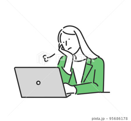 パソコンの前で頬杖をついてため息を吐く女性のビジネスパーソンのイラスト素材 95686178