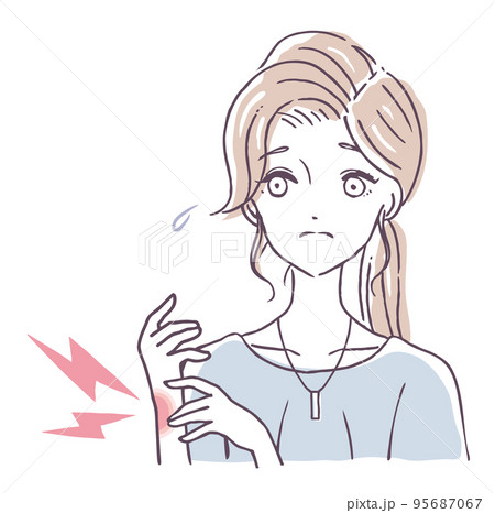 腱鞘炎に悩む女性　腕が炎症で腫れている女の人　手が痛い人物　イラスト素材 95687067