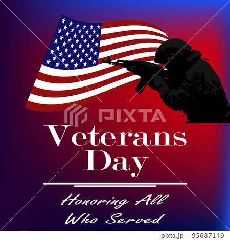 Silhouette of an American soldier on the background of the flag of the United States and the inscription Veterans Day. The concept of veterans day, memorial day. Vector image. 95687149