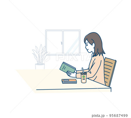 カフェで読書をする若い女性、大学生のイラスト カフェで読書をする若い女性、大学生のイラスト 95687499