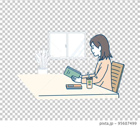 カフェで読書をする若い女性、大学生のイラスト カフェで読書をする若い女性、大学生のイラスト 95687499