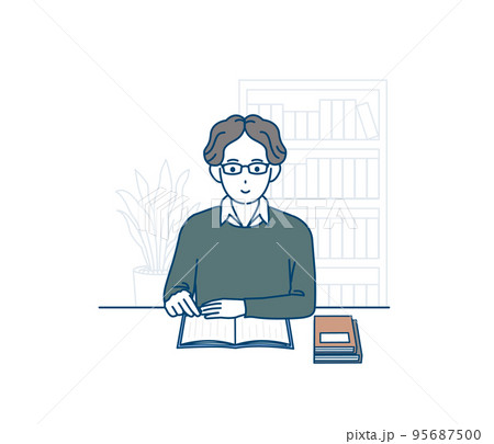 図書館で読書をする若い男性、大学生のイラスト 95687500
