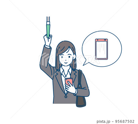 仕事の通勤中にスマートフォンで電子書籍を読む女性会社員のイラスト 95687502