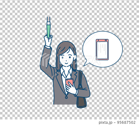 仕事の通勤中にスマートフォンで電子書籍を読む女性会社員のイラスト 95687502