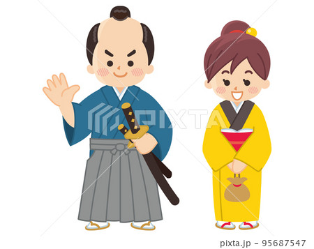 ちょんまげのお侍さんと町娘 武士 侍 サムライ ちょんまげのお侍さんと町娘 武士 侍 サムライ 95687547