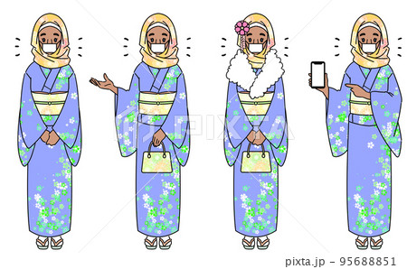 着物を着たムスリム女性セット　マスクあり 95688851