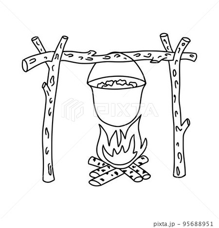 Doodle-style soup pot hanging on a wooden log. Food on the campfire. Vector illustration. Doodle-style soup pot hanging on a wooden log. Food on the campfire. Vector illustration. 95688951