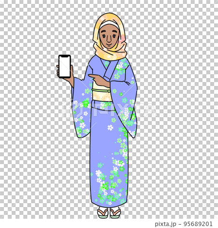 A Muslim woman wearing a kimono operating a smartphone without a mask 95689201