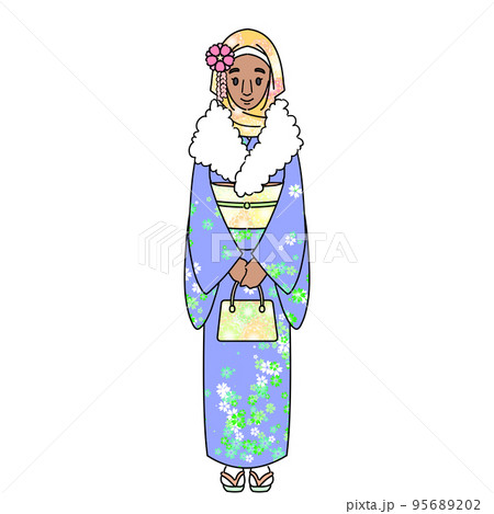 おしゃれな着こなしで着物を着たムスリム女性　マスクなし 95689202
