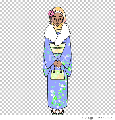 おしゃれな着こなしで着物を着たムスリム女性　マスクなし 95689202