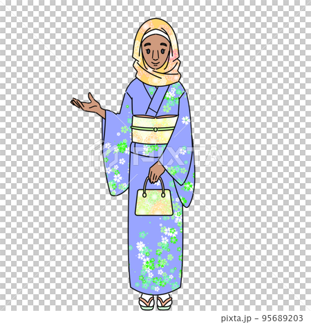 一名身穿和服的穆斯林婦女不戴口罩引導顧客 95689203