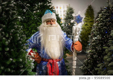 Russian Santa Claus with a staff in a store of artificial Christmas trees. Russian Santa Claus with a staff in a store of artificial Christmas trees. 95689500