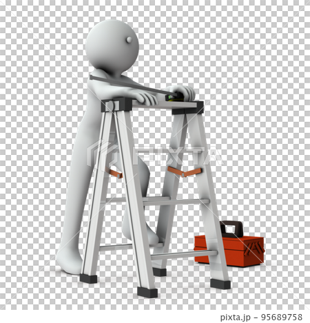 脚立に足をかける人物。手にはメジャーを持っている。日曜大工で、家の修繕をする夫。 95689758