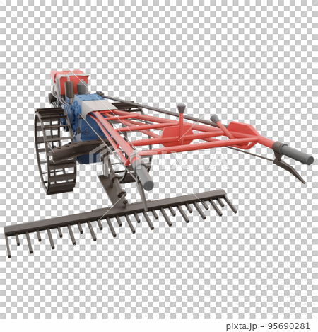 3D render thailand tractor hand control with steel wheels and rake accessaries rear view.png illustration. 95690281