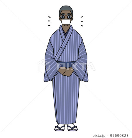 挨拶をする着物を着た黒人男性　マスクあり 95690323