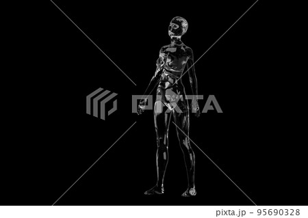 Three dimensional model. Transparent figure of a naked bald woman on a black background. Three dimensional model. Transparent figure of a naked bald woman on a black background. 95690328