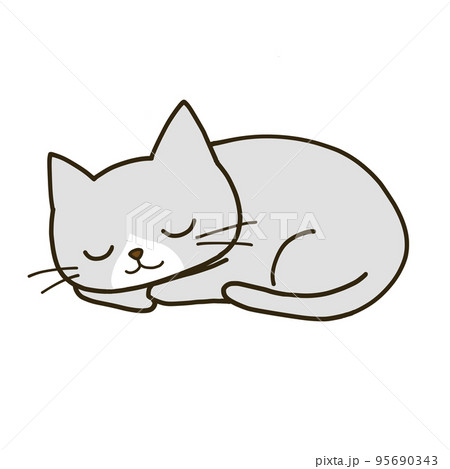 丸まって眠るシンプルなグレーのハチワレ猫のイラスト素材