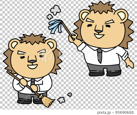 社内の掃除をするライオンのキャラクター 95690688