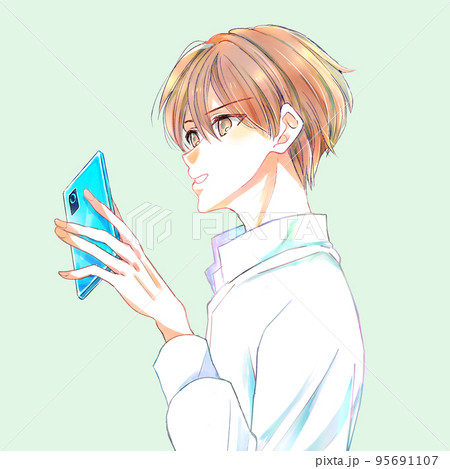 笑顔でスマホを触る男性 95691107