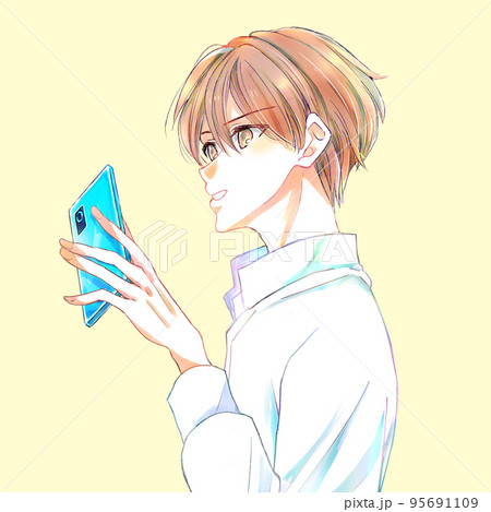 笑顔でスマホを触る男性 笑顔でスマホを触る男性 95691109