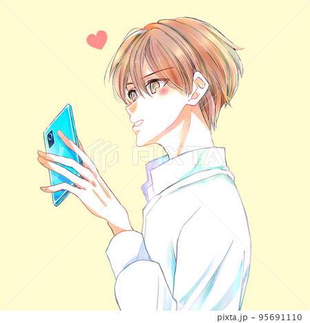 嬉しそうにスマホを触る男性　ハート 95691110