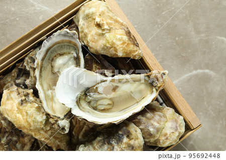 Concept of delicious seafood, oysters, top view Concept of delicious seafood, oysters, top view 95692448