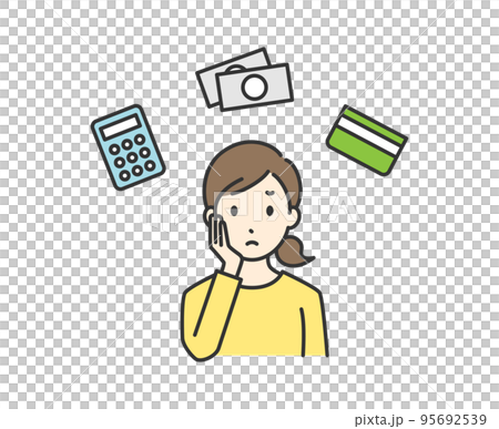 Illustration of a woman who worries about the household budget Illustration of a woman who worries about the household budget 95692539