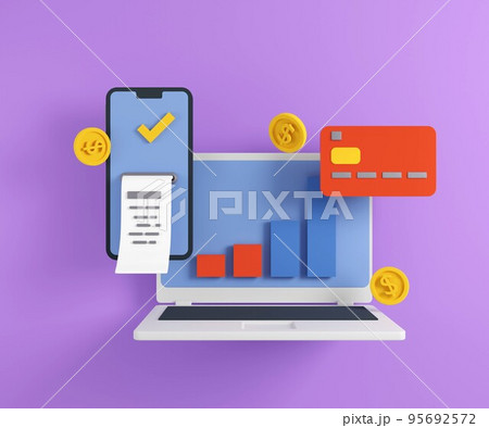 3d illustration of banking devices. Online bank service for laptop and laptop render. 3d illustration of banking devices. Online bank service for laptop and laptop render. 95692572