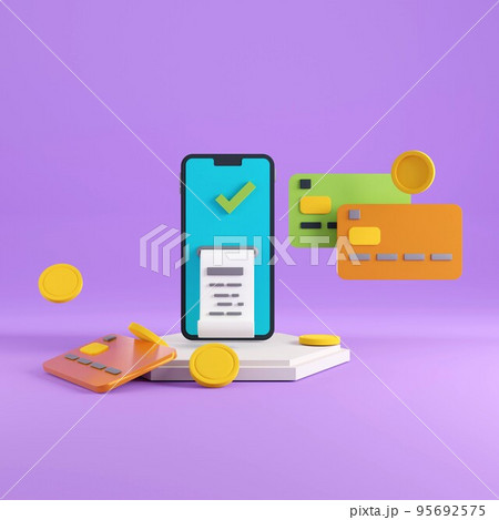 3d illustration of mobile banking concept. Smartphone and credit cards 3d render for payment transaction. 95692575