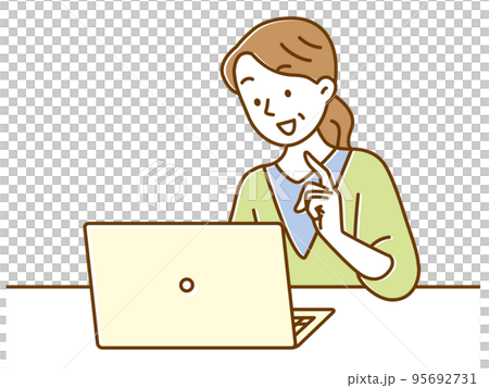 Senior woman looking at computer screen and pointing Senior woman looking at computer screen and pointing 95692731