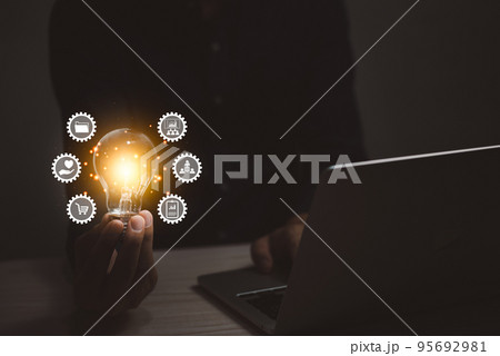 invention innovation bulb business technology lamp light connection CRM Customer Relationship Management electricity businessman holding energy interaction features internet power. invention innovation bulb business technology lamp light connection CRM Customer Relationship Management electricity businessman holding energy interaction features internet power. 95692981
